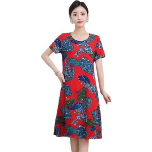 New Women Summer Comfortable Floral Print Cotton Dress Ladies Short Sleeve Round Neck Dress Female Vestidos Women Clothing