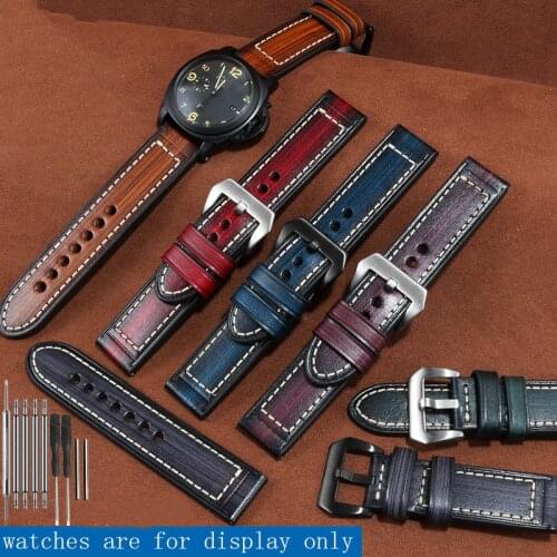 Replacement strap for Genuine leather watchband 22 24 26mm red blue green Retro bracelet For mens watch accessories