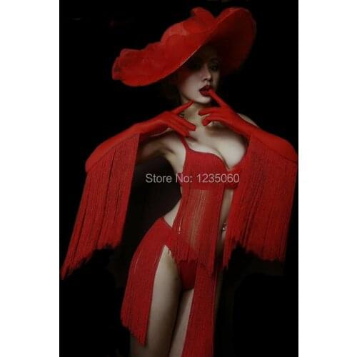 Christmas Female Nightclub Costume Red Tassels Bikini Big Hat Party Sexy Stage Outfit Bar DJ Singer Performance Bra Shorts