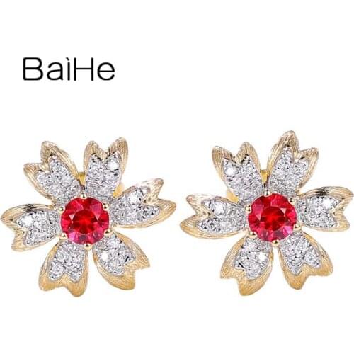 BAIHE Solid 14K White+Yellow Gold 0.25ct Natural Ruby 0.10ct Diamonds Fine Jewelry Trendy Flower Stud Earrings серьги 2020 тренд