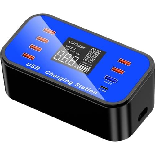 40W 8-Port USB Charger QC3.0 PD Fast Charging Portable Desktop Charging Station Hub Built-In Mute Fan With LCD Display