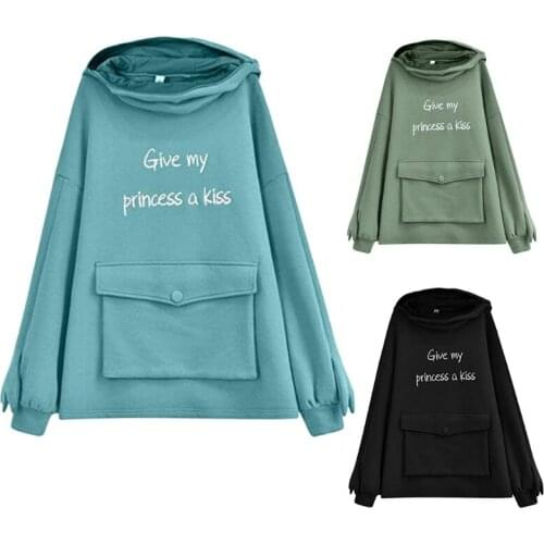 Women Long Sleeve Oversized Sweatshirt Cute Frog Hoodies Letters Embroidery Solid Color Pullover Tunic Tops with Pocket