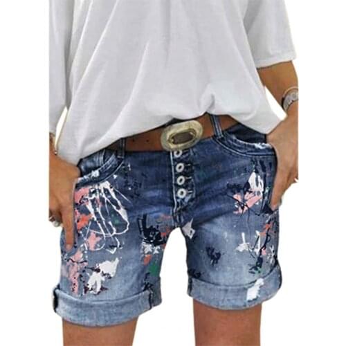Mid Rise Denim Shorts Print Ripped Hole Folded Hem All-match Print Multi-breasted Summer Women Shorts Jeans vetement femme 2021