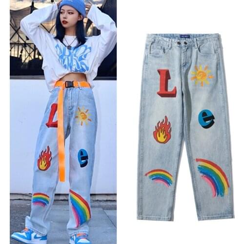 Harajuku Women Colorful Letters Print Spring Summer Hip Hop Casual Pants Loose Trousers Unisex Denim Young Ladies Jeans SY045
