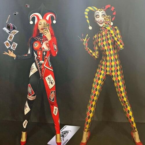 Women Dance Costumes Nightclub Bar DJ Costumes Playing Cards Magic Clown Jumpsuit Cosplay Stage Costumes Rave Clothing DQS4759