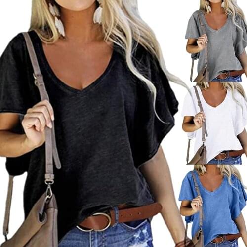 2021 New Summer Womens Tops V-Neck Solid Color Short Sleeve Casual Loose Pius Size 2XL Femmel T-Shirt