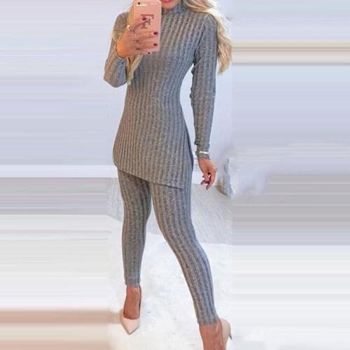 2021 Office Lady Knitted Suits Outfit Elegant Split Long Sleeve Tops and Skinny Pants Women Sets Casual Solid Two Piece Sets Red