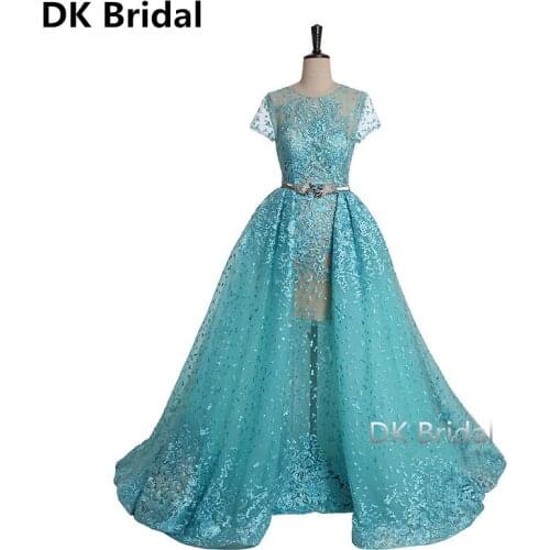 Latest Elegant Formal Evening Dresses Long O-neck Backless Shiny Lace Evening Gown With Belt Robe De Soiree 2019 Dress Party
