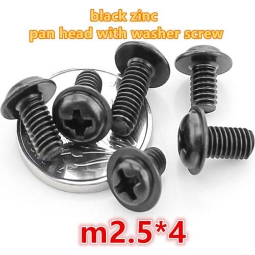 1000pcs m2.5*4 carbon steel with black zinc plated phillip pan / round head with washer electronic screw computer screw
