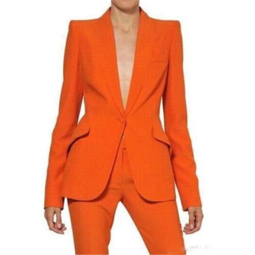2021 Newest Bespoke Orange Womens Pant Suits Long Sleeves Ladies Business Office Slant Pockets Tuxedos Formal Work Wear Suits