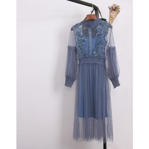 2021 Autumn Women Flare Sleeve Embroidery 3D Lace Flower Mesh Gauze Ruffles Chic Dress Lady Elastic Slim Waist Party Midi Dress