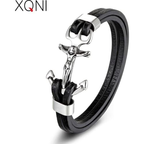 XQNI Multi-layers Anchor Stitching Gold & Steel Color Religions Bracelet Bangle For Male Christian Jewelry for Blessing Gift