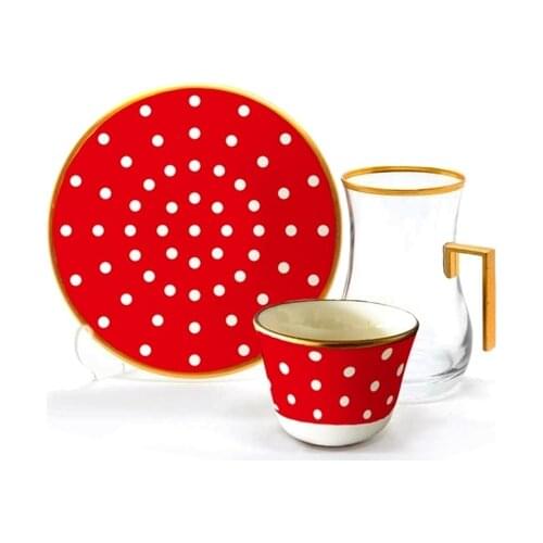 Drop Efe Handled Tea & Arabian Coffee Cup Set 18 Pieces Polka Dot Red