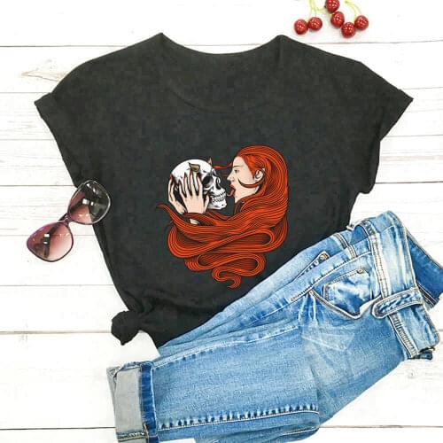 Beautiful Girl with Skull Graphic Print 100%Cotton Women T Shirt Halloween Shirt Unisex Funny Summer Casual Short Sleeve Top