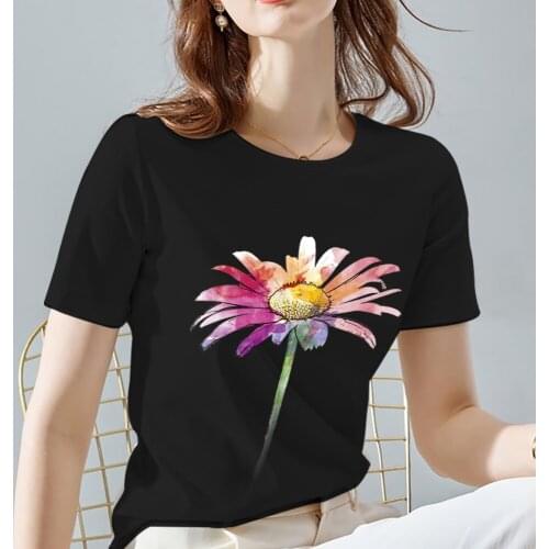 Summer XXS-3XL Size T Shirt Cute Daisy Print T-Shirt Women Tshirts Vogue O Neck Basis Short Sleeve Tee Ladies Black Tops