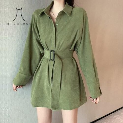 Heydress 2020 Girls Solid Color Corduroy Belted Women Shirt Top Casual 2020 Spring Lady Shirts Tops Loose Female Blouses