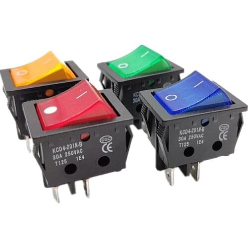 KCD4-201N-B Electric Welding Machine Rocker Switch with Red Blue Green Yellow Light 30A 250VAC Electric Oven Heater switch 4Pin