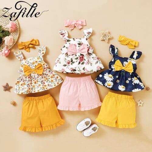 ZAFILLE Floral Kids Clothes Girls Ruffles Top+Solid Shorts+Headband 3pcs Children Suits Bowknot Summer Baby Girl Clothes Set