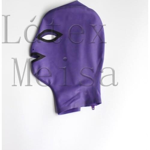 Zentai latex hoods open eyes nostrils and mouth in purple color with back zip for adults