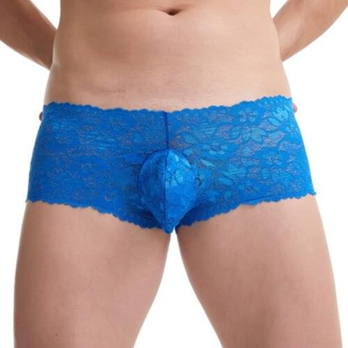 Mens Underwear Boxers Lace Panties Low Waist Boxer Sexy Hollow Out Breathable Comfort Nightclub Stage Performance Pouch