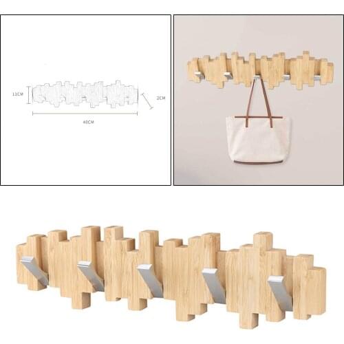 Wall Mounted Bamboo Wall Coat Rack 5 Metal Hooks Jackets Bags Hallway Bedroom Hanger Minimalist