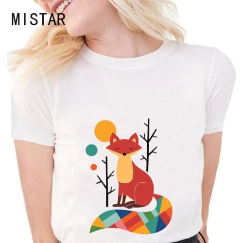 New Fashion Women Fox T Shirt Print Kawaii Animal Shirt Girl Tumblr Tee Matching White T Shirt Cute Cartoon Tees Woman Clothing