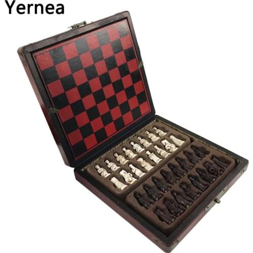 New Antique Chess Set of Chess Wooden Coffee Table Antique Miniature Chess Board Chess Pieces Move Box Set Retro Style lifelike