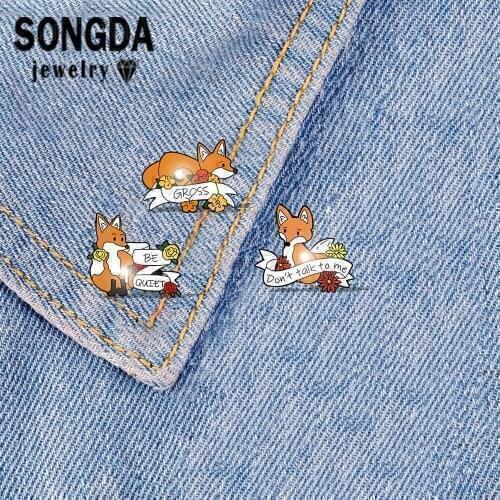 SONGDA New Product Cute Cartoon Fox Flower Banner Animal Patterns Pins Denim Shirt Lapel Pins Jewelry Gifts for Friends Or Kids