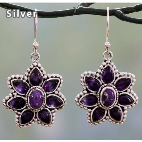Retro Silver Purple Dragon Crystal petal Earrings female European and American peach blossom purple Turquoise Earrings Earrings