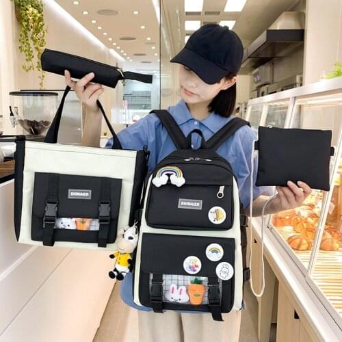 Four-piece Schoolbag Canvas Large Capacity Womens Backpack Korean Style All-match Student Bags