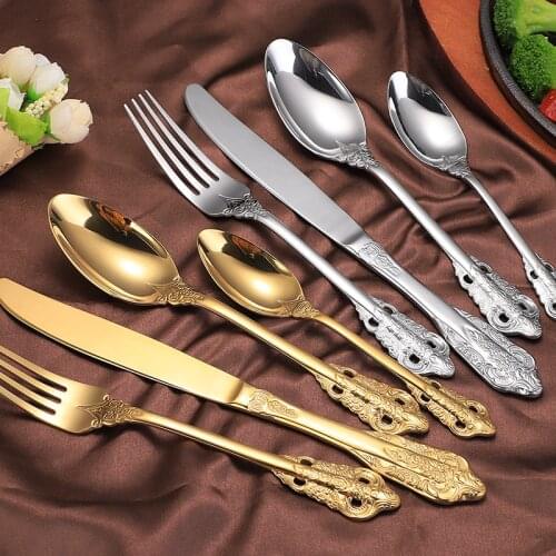 Vintage Cutlery Luxury Golden Dinner Set Stainless Steel Knife Fork Set Silver Dinnerware Royal Style Forks Knife Spoon Flatware