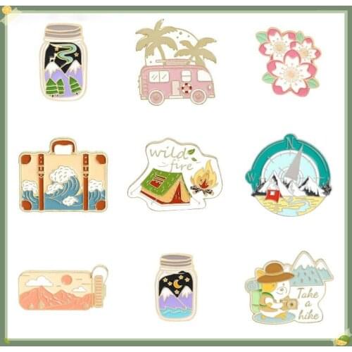 Funny Hiking Pins Collection Camping Badges Trunk Lapel Pin Flower Brooches Trees and Mountain Wilderness Jewelry Gift for Hiker