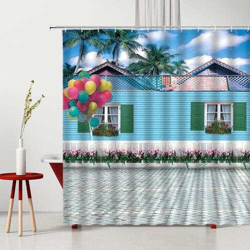 Chinese Style Shower Curtains Wood Grain Wall Flower Coconut Tree Tulip Bathroom Decor Polyester Washable With Hook Bath Curtain