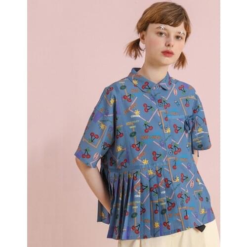 Loose Sweet Cute Summer New Design Women Chiffon Blouse Pleated Hem Bow Tie Loose Teenage Girls Shirts Tops Cartoon Print