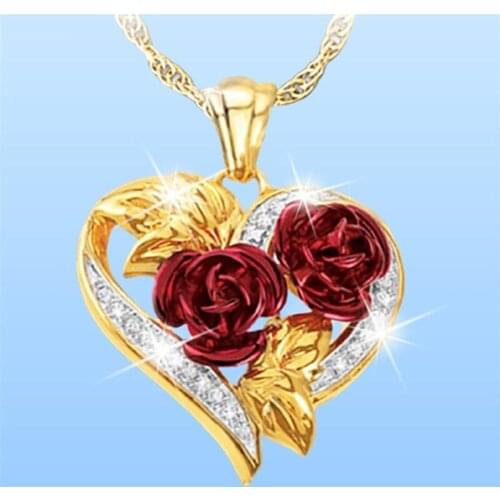 Fashion Love Heart Red Rose Pendant Necklace Women Girl Lady Gold Color Necklace Choker Fashion Jewelry For Valentines Day Gift