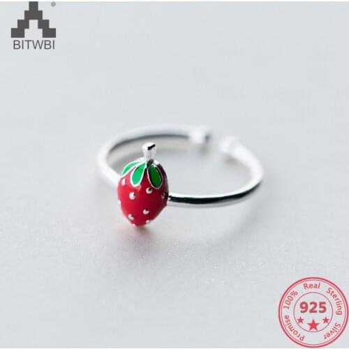 Delicate Wholesale Japan Korea Style 925 Sterling Silver Fashion Cute Sweet Red Strawberry Open Ring Women Jewelry