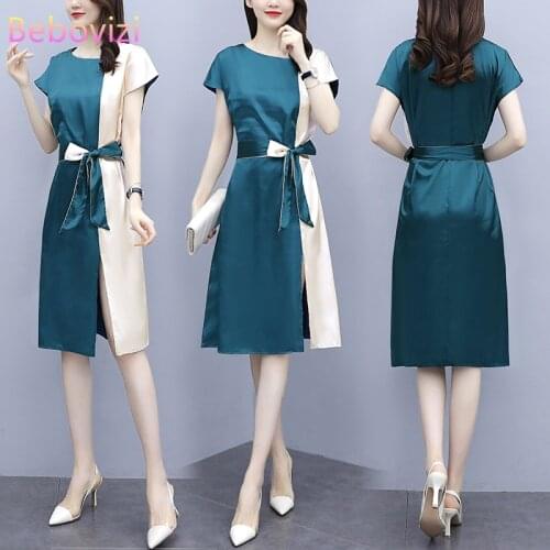 2021 New Plus Size XXL 3XL 4XL 5XL Elegance Blue Midi Dress for Women Short Sleeve Summer Casual Office Lady Dresses Clothes