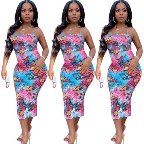 FE144 Sexy Women Fashion Summer New Butterfly Print Suspender Dress Long Skirt Nightclub Ladiess Clothing