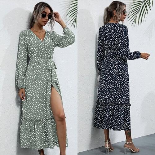 2021 A Line Sexy Split Women Casual Autumn Dress Long Sleeve French Chiffon V Neck Lace Up Fungus Side Dress Midi Y2K Vestidos