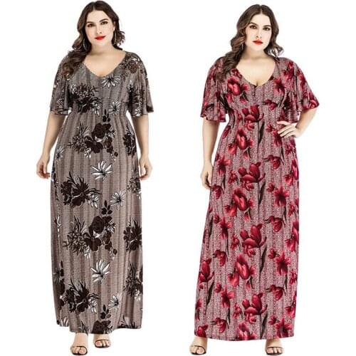Plus Size 6XL 2021 New Womens Dress Summer Knitting V-neck Print Vestidos Short-sleeved Dress of Fat ladies Clothing Big size