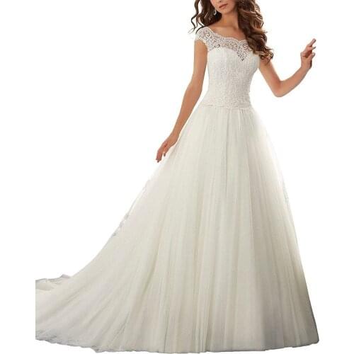 2020 New Fashion Simple Elegant Net Lace Applique Bridal Wedding Dress Ball Gown Wedding Dresses