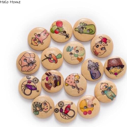 50pcs Baby Theme Printing Round Wooden buttons Sewing Scrapbook Clothing Gifts Crafts Handwork Accessories Fabric DIY 15mm
