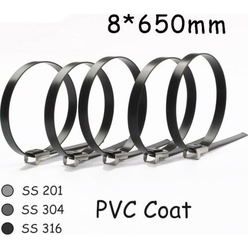 8*650 8mm 8x650 Stainless Steel Zip PVC coating Strong Stainless Steel Grade Metal Cable Ties Zip Tie Wraps