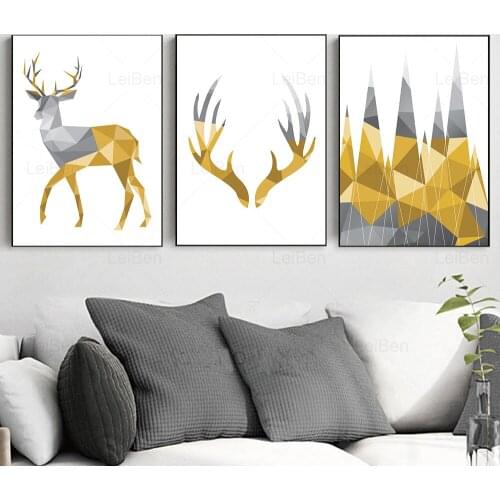Abstract Geometric Pattern Gray Yellow Deer Forest Canvas Painting On The Wall Nordic Modern Posters Home Decoration Living Room
