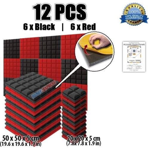 Arrowzoom 12 pcs Black and Red Set Hemisphere Grid Adhesive Acoustic Tile Panel Studio Foam KK1056