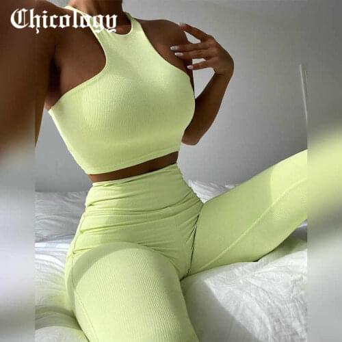 Chicology 2021 Women Summer Yoga Sets Sleeveless Round Neck Crop Top Long Stretchy High Waist Pants 2 Two Pieces Sets