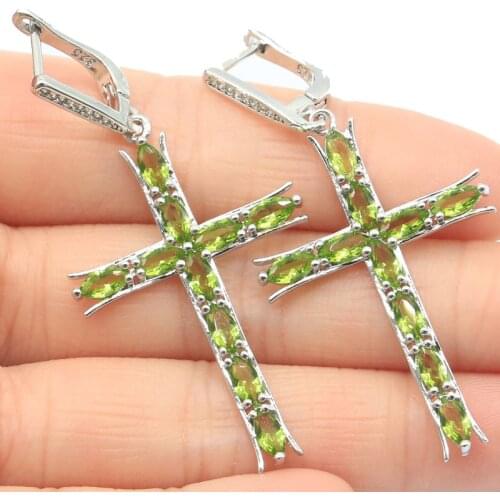 55x27mm SheCrown Classic Long Cross Created Green Peridot White CZ Womans Silver Earrings