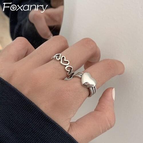 Foxanry 925 Sterling Silver LOVE Heart Rings for Women Couples New Fashion Vintage Punk Hollow Geometric Party Jewelry Gifts