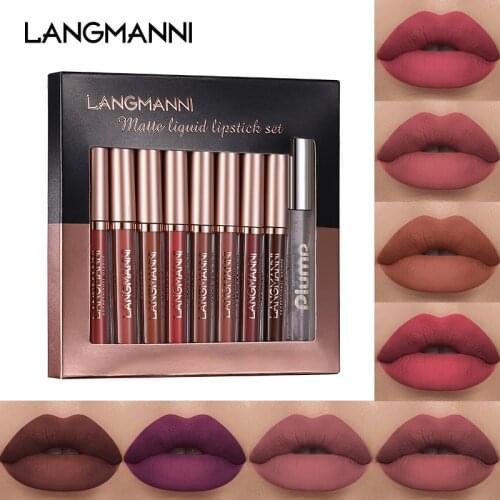 Langmanni 8PCS Silky Lip Glaze Comestic Velvet Matte Lipstick Waterproof Long Lasting Lip Gloss Non-stick Cup Lip Makeup TSLM1