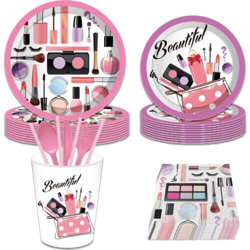 Make Up Girls Happy Birthday Dinner Dessert Plates Party Decorations Lipstick Eye Shadow Disposable Tableware Kids Party Favors